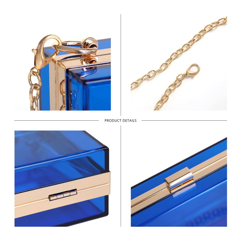 WJCD Women Clear Purse Acrylic Box Clutch Handbag, Small Transparent Crossbody Evening Bag Stadium Approved Gold Chain Strap (Royalblue) - Image 3